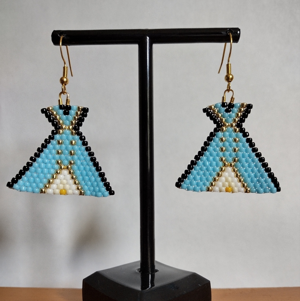 Native American 2" Blue Beaded TeePee Dangle S925 Earrings